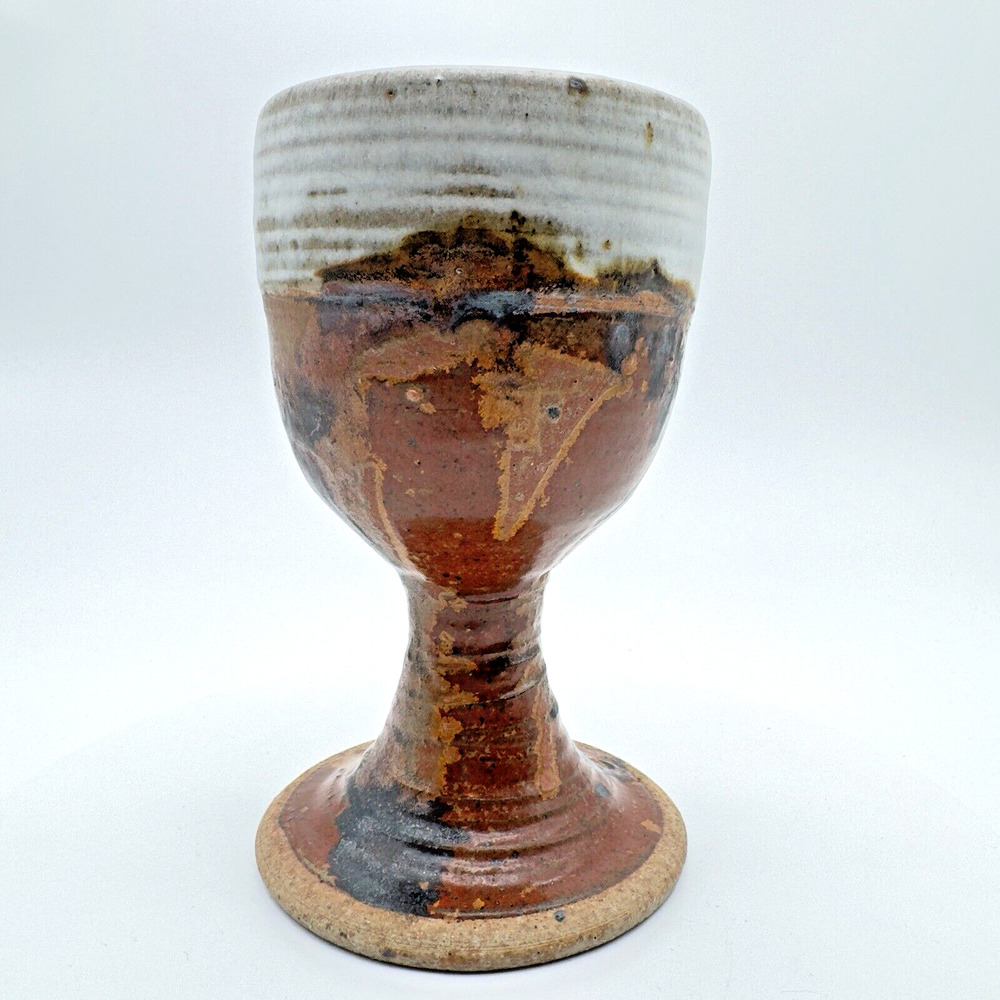 Studio Art Pottery Goblet Chalice Cup Textured Brown Black Stoneware Signed #1